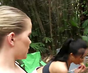 Three teen sluts fucking with a lucky dude on a camping trip