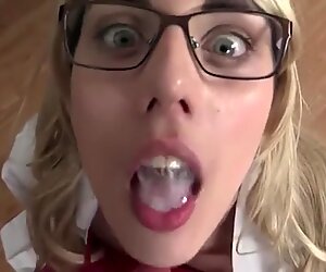 Nerdy blonde loves to swallow every drop