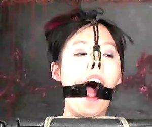 Tied up and suspended Asian gal is punished in the dark room